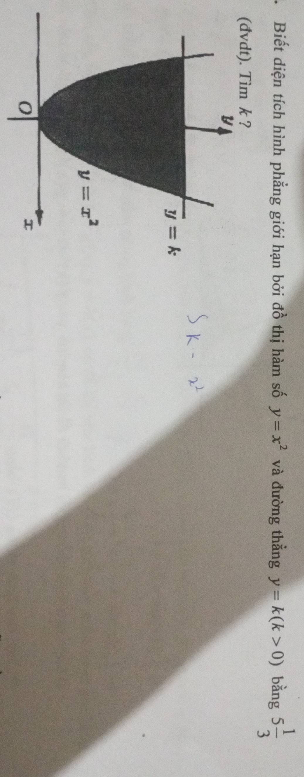 Biết diện tích hình phẳng giới hạn bởi đồ thị hàm số y=x^2 và đường thẳng y=k(k>0) bằng 5 1/3 
(đvdt). Tìm k ?