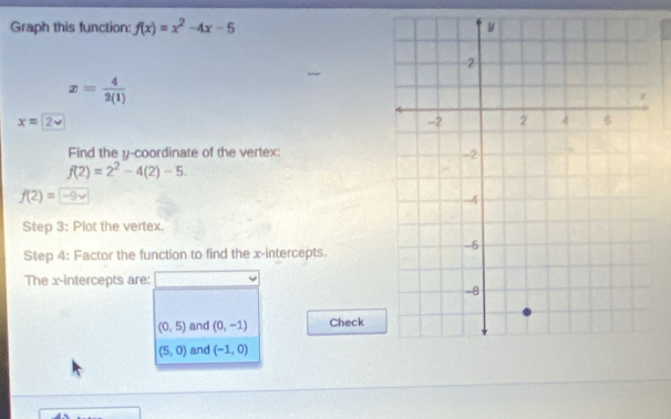 Graph this function: f(x)=x^2-4x-5
x= 4/2(1) 
x=2
Find the y-coordinate of the vertex:
f(2)=2^2-4(2)-5.
f(2)=-9vee
Step 3 : Plot the vertex. 
Step 4 : Factor the function to find the x-intercepts. 
The x-intercepts are:
(0,5) and (0,-1) Check
(5,0) and (-1,0)