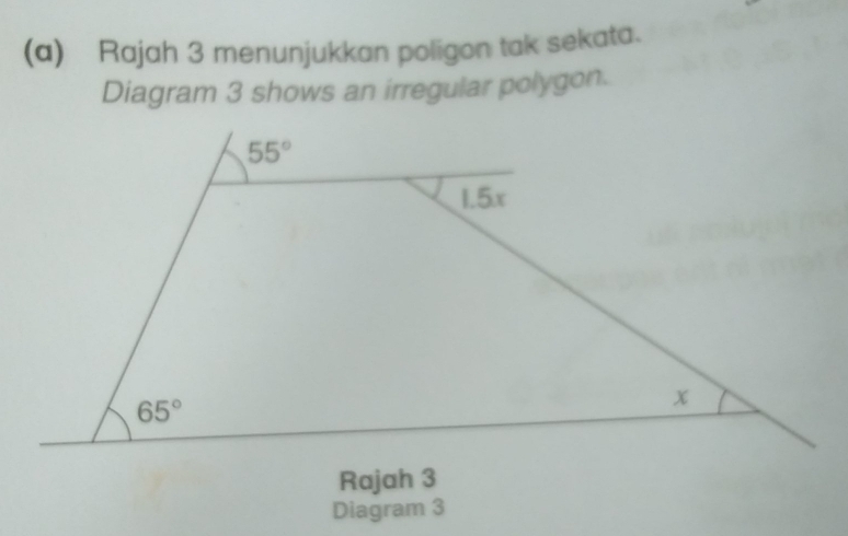 Rajah 3 menunjukkan poligon tak sekata.
Diagram 3 shows an irregular polygon.
Rajah 3
Diagram 3