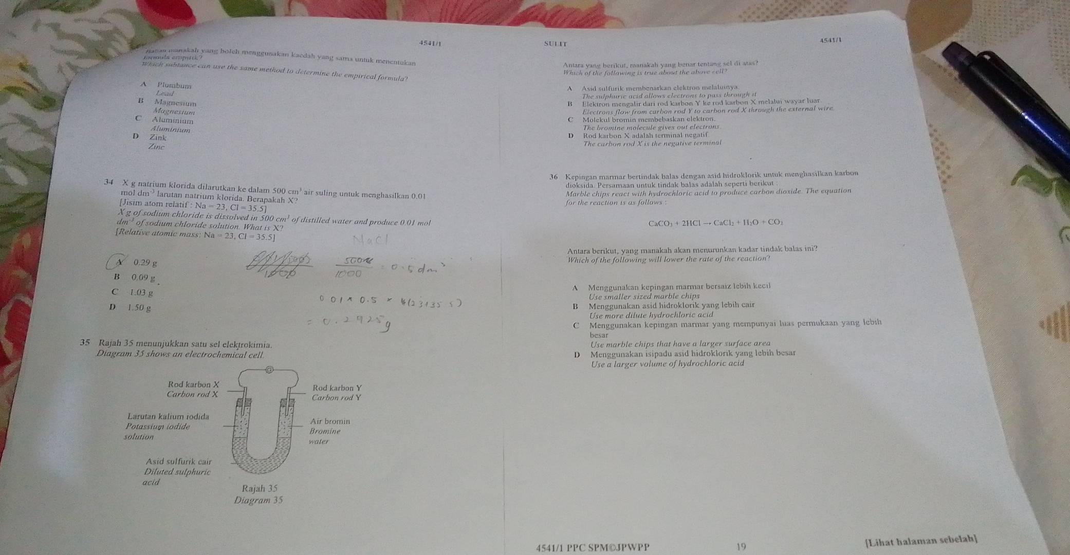 4541/1 SULIT
Antara yang berikut, manakah yang benar tentang sel di atas?
Which of the following is true about the above cell?
A  Elambum
A Asid sulfurik membenarkan elektron melaluinya
B Magnesium
Elsande/ wenarté allevon kan ton to evon lemont & melalur wayar lur
Magnesium Electrons flow from carbon rod Y to carbon rod X through the external wire
C Aluminium
C Molekul bromin membebaskan elektron.
Aluminium
The bromine molecule gives out electrons
D Zink D Rod karbon X adalah terminal negatif
Zínc The carbon rod X is the negative terminal
1   eriegan pressmachr dindelt helae denkew arid betrakfik untißmenghasilkan katben
34 X g natrium klorida dilarutkan ke dalam 500 cm³ air suling untuk menghasilkan 0.01
Marble chips react with hydrochloric acid to produce carbon dioxide. The equation
mol dm³ larutan natrium klorida. Berapakah X
[Jisim atom rela ttif:Na=23,Cl=35.5 CaCO_3+2HClto CaCl_2+H_2O+CO_2
X g of sodium chloride is dissolved in 500 of distilled water and produce 0.01 m
dm ³ of sodium chloride solution. What is X?
[Relative atomic mass: Na=23,Cl=35.5
Antara berikut, yang manakah akan menurunkan kadar tindak balas ini?
A 0.29 g
hichofthefo ollowing will lower the rate of the reaction
B 0.09 g 
C A Menggunakan kepingan marmar bersaız lebíh kecil
o
Use smaller sized marble chips
D 1.50 g B Menggunakan asid hidroklorik yang lebih cair
Use more dilute hydrochloric acid
C Menggunakan kepingan marmar yang mempunyai luas permukaan yang lebih
35 Rajah 35 menunjukkan satu sel elektrokimia. Use marble chips that have a larger surface area
Diagram 35 shows an electrochemical cell
Use a larger volume of hydrochloric acid
Rod karbon X Rod karbon Y
Carbon rod X
Larutan kalium iodida Air bromin
Potassium iodide
solution
water
Asid suffurik cair
Diluted sulphuric
acid
Rajah 35
Diagram 35
4541/1 PPC SPM©JPWPP
19
[Lihat halaman sebelah]