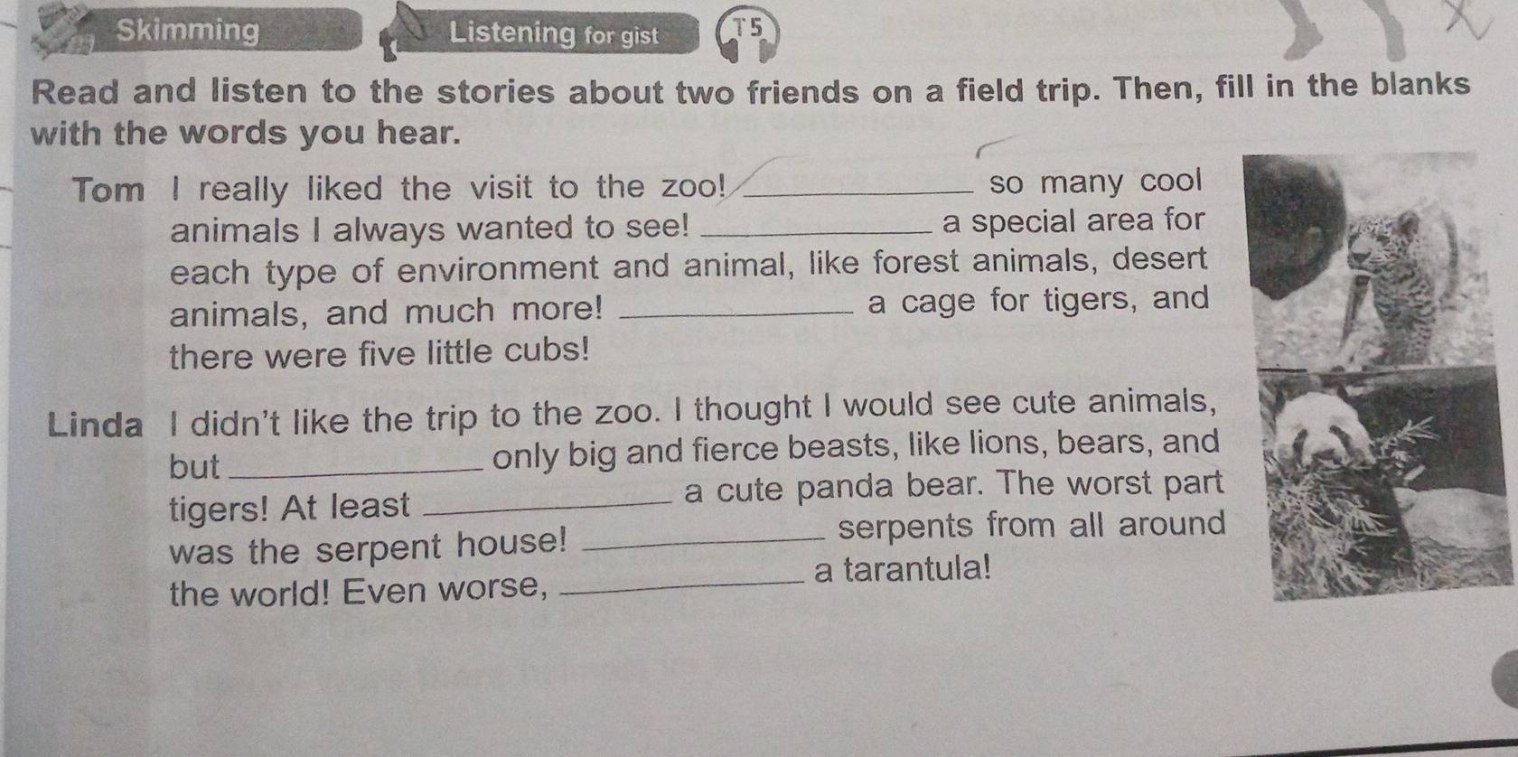 Skimming Listening for gist T5 
Read and listen to the stories about two friends on a field trip. Then, fill in the blanks 
with the words you hear. 
Tom I really liked the visit to the zoo! _so many cool 
animals I always wanted to see! _a special area for 
each type of environment and animal, like forest animals, desert 
animals, and much more! _a cage for tigers, and 
there were five little cubs! 
Linda I didn't like the trip to the zoo. I thought I would see cute animals, 
but_ only big and fierce beasts, like lions, bears, and 
tigers! At least_ 
a cute panda bear. The worst part 
was the serpent house!_ 
serpents from all around 
the world! Even worse, _a tarantula!