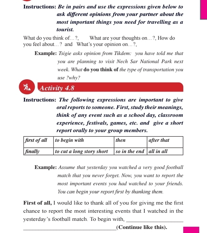 Instructions: Be in pairs and use the expressions given below to 
ask different opinions from your partner about the 
most important things you need for travelling as a 
tourist. 
What do you think of..?, What are your thoughts on..?, How do 
you feel about…? and What’s your opinion on…?, 
Example: Tsigie asks opinion from Tikdem: you have told me that 
you are planning to visit Nech Sar National Park next 
week. What do you think of the type of transportation you 
use ?why? 
Activity 4.8 
Instructions: The following expressions are important to give 
oral reports to someone. First, study their meanings, 
think of any event such as a school day, classroom 
experience, festivals, games, etc. and give a short 
report orally to your group members. 
Example: Assume that yesterday you watched a very good football 
match that you never forget. Now, you want to report the 
most important events you had watched to your friends. 
You can begin your report first by thanking them. 
First of all, I would like to thank all of you for giving me the first 
chance to report the most interesting events that I watched in the 
yesterday’s football match. To begin with,_ 
_(Continue like this).