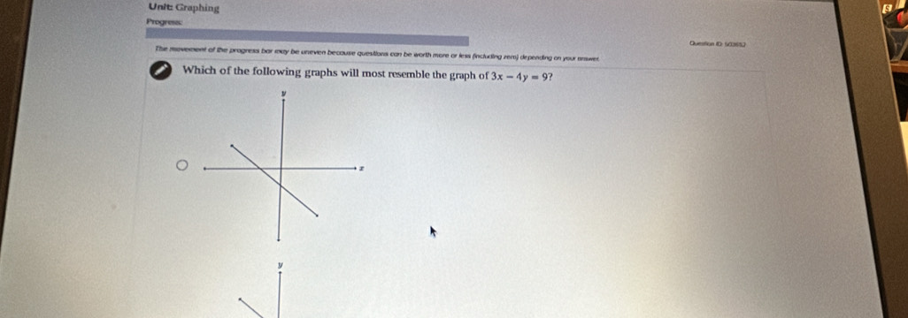 Graphing 
Progress: 
Question IDr 50365) 
The movement of the progress bar may be uneven because questions can be worth more or less (including rem) depending on your enswer 
Which of the following graphs will most resemble the graph of 3x-4y=9 ?
y