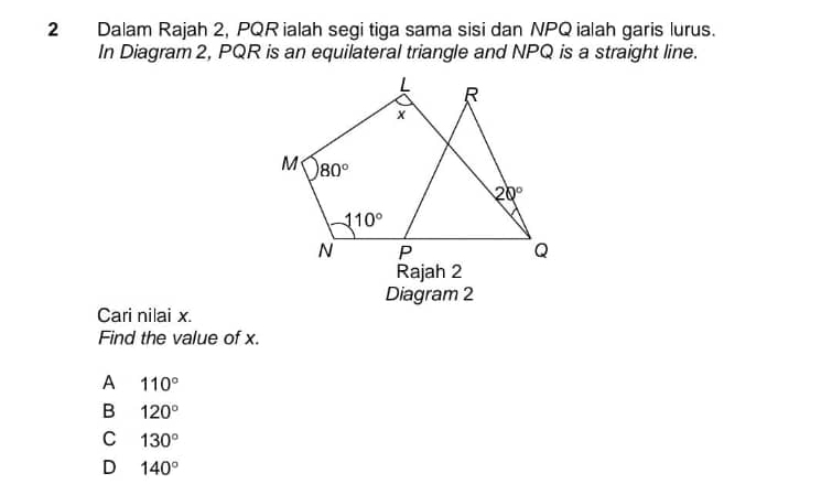 Dalam Rajah 2, PQR ialah segi tiga sama sisi dan NPQ ialah garis lurus.
In Diagram 2, PQR is an equilateral triangle and NPQ is a straight line.
Diagram 2
Cari nilai x.
Find the value of x.
A 110°
B 120°
C 130°
D 140°