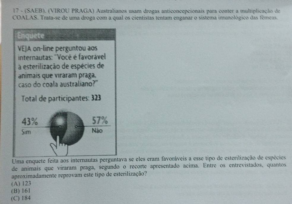 17 - (SAEB). (VIROU PRAGA) Australianos usam drogas anticoncepcionais para conter a multiplicação de
COALAS. Trata-se de uma droga com a qual os cientistas tentam enganar o sistema imunológico das fémeas.
Uma enquete feita aos intera se eles eram favoráveis a esse tipo de esterilização de espécies
de animais que viraram praga, segundo o recorte apresentado acima. Entre os entrevistados, quantos
aproximadamente reprovam este tipo de esterilização?
(A) 123
(B) 161
(C) 184