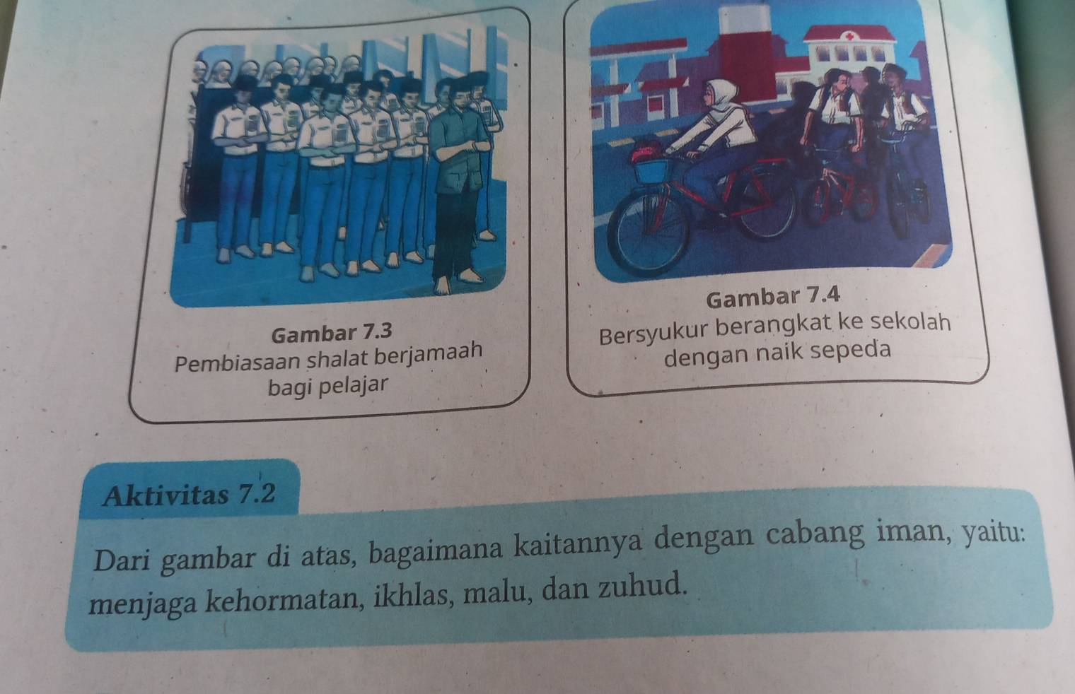 Ga 
Bersyukur berangkat ke sekolah 
Pembiasaan shalat berjamaah 
dengan naik sepeda 
bagi pelajar 
Aktivitas 7.2
Dari gambar di atas, bagaimana kaitannya dengan cabang iman, yaitu: 
menjaga kehormatan, ikhlas, malu, dan zuhud.