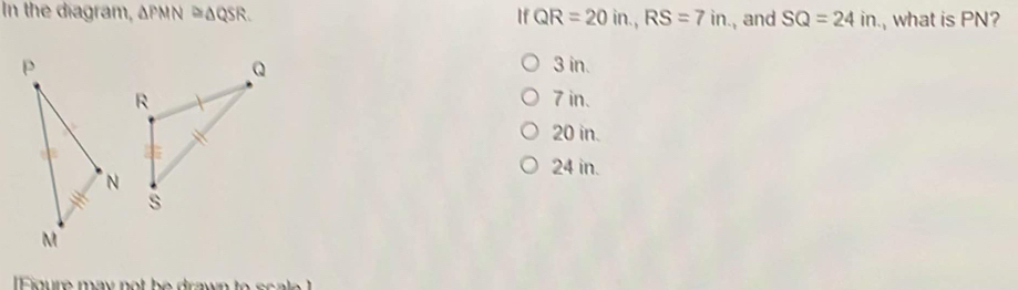 Solved: In the diagram, PMN≌ QSR. IfQR=20in, RS=7in., and SQ=24in ...