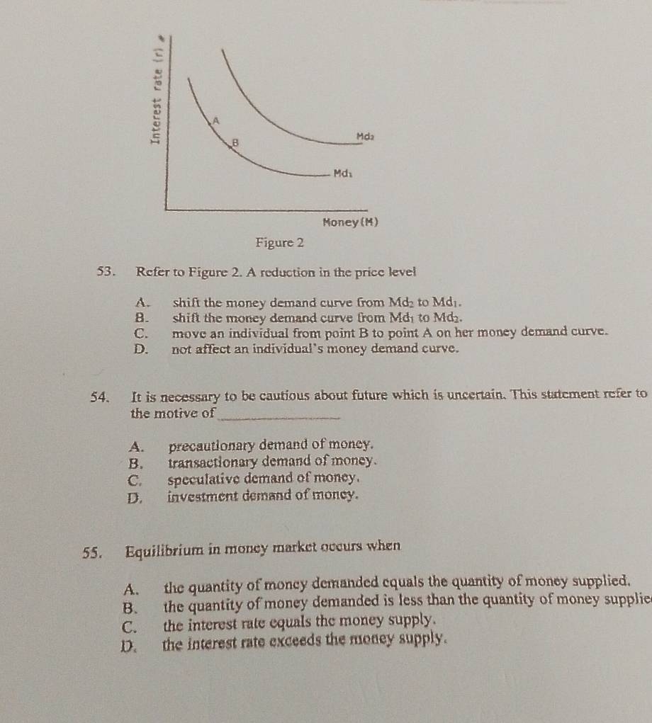 Figure 2
53. Refer to Figure 2. A reduction in the price level
A. shift the money demand curve from Md_2 to Md₁.
B. shift the money demand curve from Md_1 to Md.
C. move an individual from point B to point A on her money demand curve.
D. not affect an individual's money demand curve.
54. It is necessary to be cautious about future which is uncertain. This statement refer to
the motive of_
A. precautionary demand of money.
B. transactionary demand of money.
C. speculative demand of money.
D. investment demand of money.
55. Equilibrium in moncy market occurs when
A. the quantity of moncy demanded equals the quantity of money supplied.
B. the quantity of money demanded is less than the quantity of money supplie
C. the interest rate equals the money supply.
D. the interest rate exceeds the money supply.