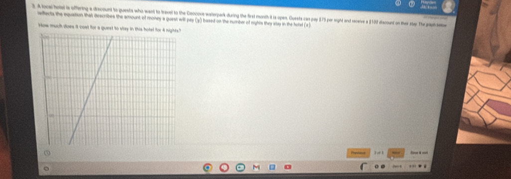 A local hotel is offering a diecount to guests who want to travel to the Geocove waterpark during the first month it is open. Guests can pay $75 per night and receive a $100 discount on thei stay. The gaph sewe 
reflects the equation that describes the amount of money a guest will pay (y) based on the number of nights they stay in the hotel (2) 
How much does it cost for a guest to stay in this hotel for 4 nights? 
Pordous Sne à nà