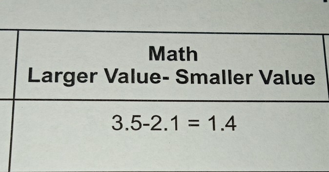 Math 
Larger Value- Smaller Value
3.5-2.1=1.4