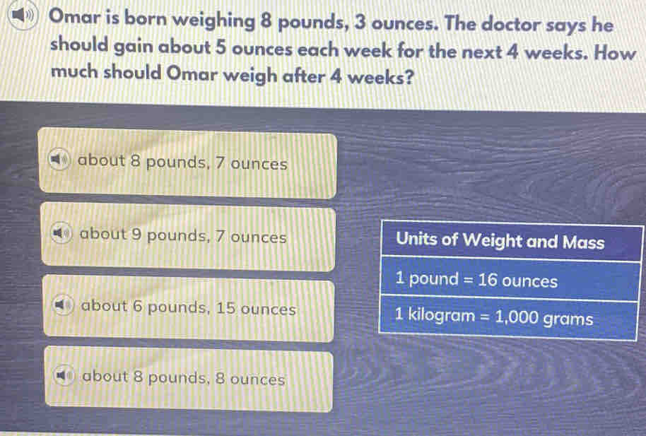 1»  Omar is born weighing 8 pounds, 3 ounces. The doctor says he
should gain about 5 ounces each week for the next 4 weeks. How
much should Omar weigh after 4 weeks?
about 8 pounds, 7 ounces
about 9 pounds, 7 ounces
about 6 pounds, 15 ounces
about 8 pounds, 8 ounces