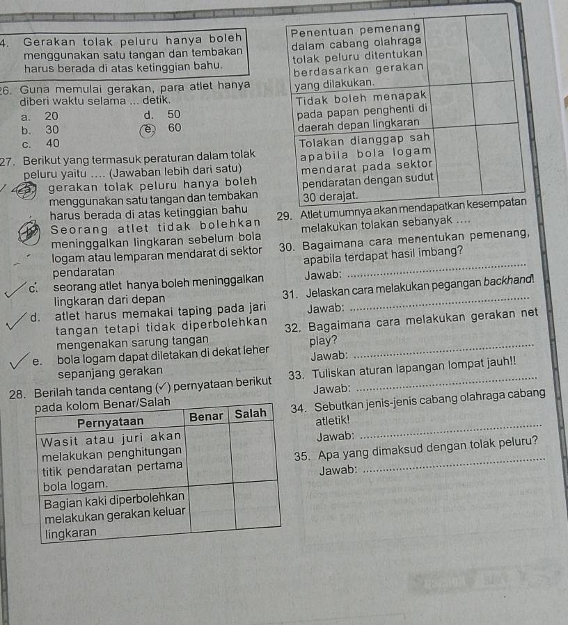 Gerakan tolak peluru hanya boleh 
menggunakan satu tangan dan tembakan 
harus berada di atas ketinggian bahu. 
6. Guna memulai gerakan, para atlet hanya 
diberi waktu selama ... detik.
a. 20 d. 50
b. 30 e 60
c. 40
27. Berikut yang termasuk peraturan dalam tolak
peluru yaitu .... (Jawaban lebih dari satu) 
gerakan tolak peluru hanya boleh
menggunakan satu tangan dan tembakan
harus berada di atas ketinggian bahu 
Seorang atlet tidak bolehkan
meninggalkan lingkaran sebelum bola melakukan tolakan sebanyak ....
_
logam atau lemparan mendarat di sektor 30. Bagaimana cara menentukan pemenang,
apabila terdapat hasil imbang?
pendaratan
c. seorang atlet hanya boleh meninggalkan Jawab:
lingkaran dari depan 31. Jelaskan cara melakukan pegangan backhand!
d. atlet harus memakai taping pada jari Jawab:
tangan tetapi tidak diperbolehkan 32. Bagaimana cara melakukan gerakan net
mengenakan sarung tangan
e. bola logam dapat diletakan di dekat leher play?_
Jawab:
sepanjang gerakan
28. Berilah tanda centang (✓) pernyataan berikut 33. Tuliskan aturan lapangan lompat jauh!!
Jawab:
4. Sebutkan jenis-jenis cabang olahraga cabang
atletik!
Jawab:
_
5. Apa yang dimaksud dengan tolak peluru?
Jawab: