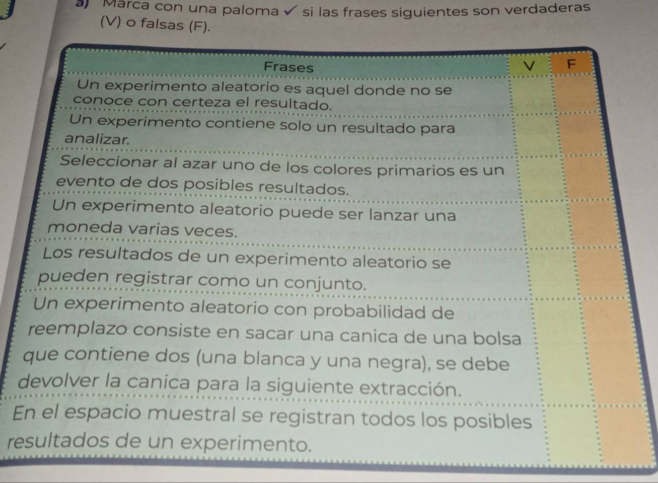 a Marca con una paloma √ si las frases siguientes son verdaderas 
(V) o falsas (F). 
E 
re