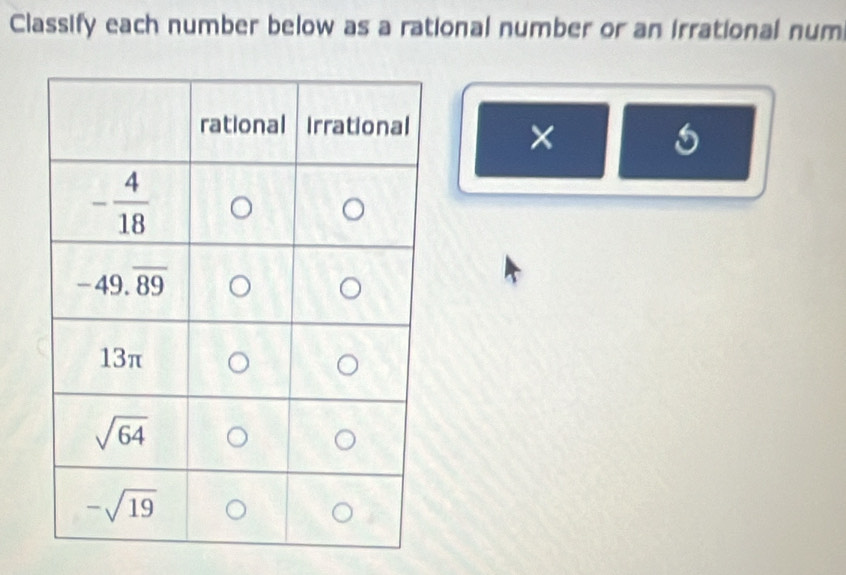 Classify each number below as a rational number or an irrational num
×