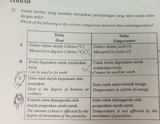 TERHAD
15. Antara berikut, yang manakah merupakan perbandingan yang tepat antara haba
dengan suhu?
Which of the following is the correct comparison between heat and temperature?
e