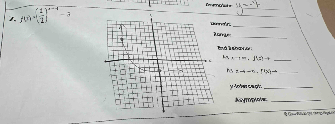 Asymptote:
7. f(x)=( 1/2 )^x+4-3
_
_
main:_
ange:_
End Behavior:
As
xto ∈fty ,f(x)to _
As xto -∈fty , f(x)to _
y-intercept:_
Asymptote:_
@ Gína Wilson (All Things Algebra)