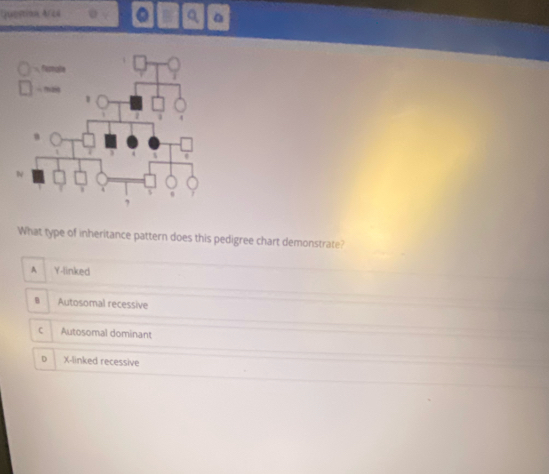 jupstion Arc4 . Q a
What type of inheritance pattern does this pedigree chart demonstrate?
A Y -linked
8 Autosomal recessive
C Autosomal dominant
D X -linked recessive