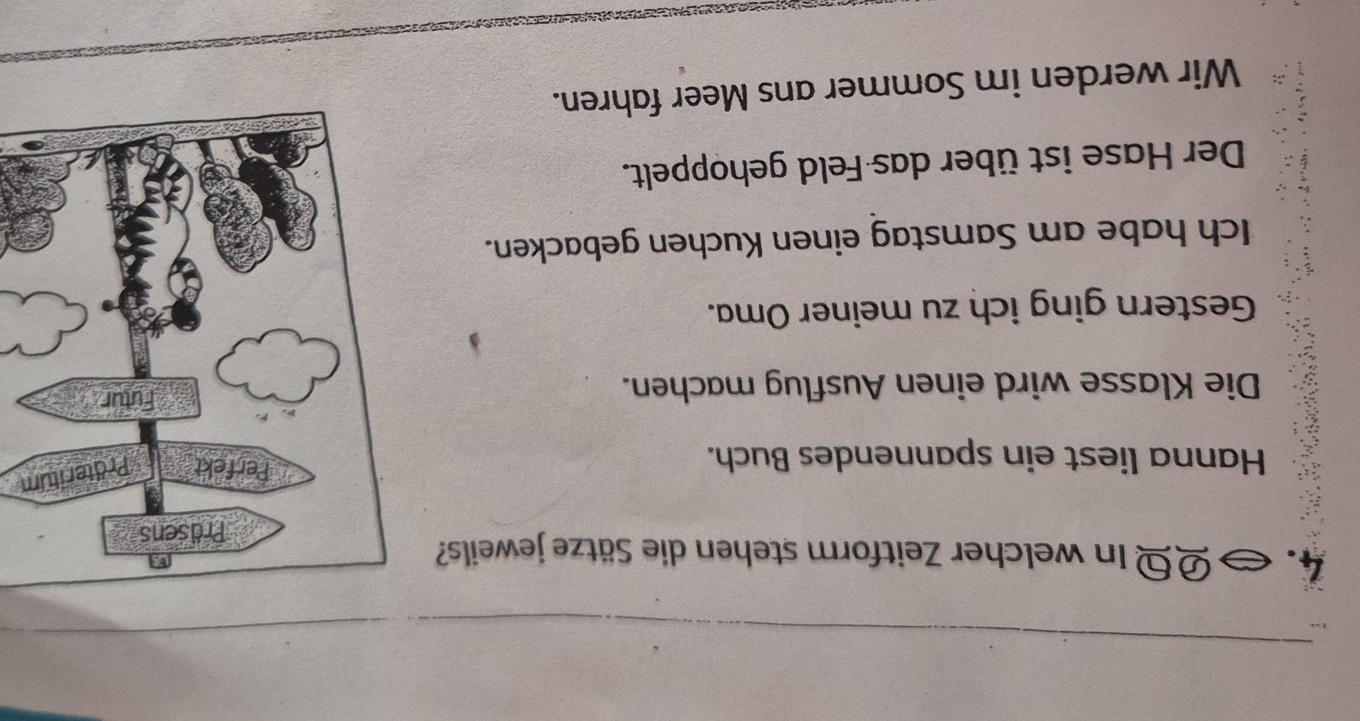 < In welcher Zeitform stehen die Sätze jeweils? 
Hanna liest ein spannendes Buch. 
m 
Die Klasse wird einen Ausflug machen. 
Gestern ging ich zu meiner Oma. 
Ich habe am Samstag einen Kuchen gebacken. 
Der Hase ist über das Feld gehoppelt. 
Wir werden im Sommer ans Meer fahren.