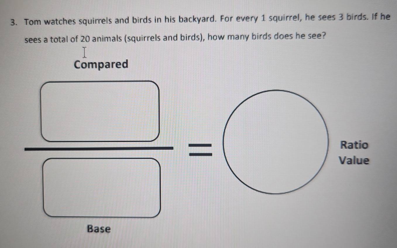 Tom watches squirrels and birds in his backyard. For every 1 squirrel, he sees 3 birds. If he 
sees a total of 20 animals (squirrels and birds), how many birds does he see? 
Compared
 □ /□  =
□  
Ratio 
Value