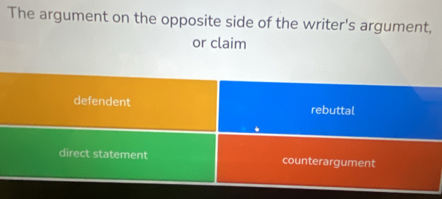 The argument on the opposite side of the writer's argument,
or claim
defendent rebuttal
direct statement counterargument