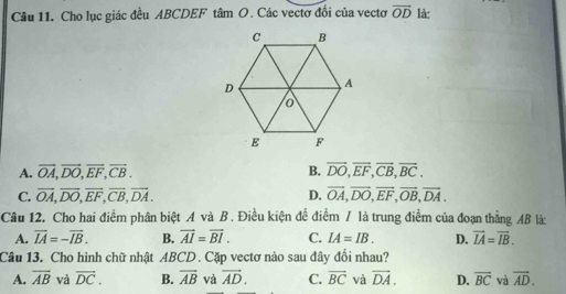 Cho lục giác đều ABCDEF tâm O. Các vectơ đổi của vectơ overline OD là:
A. overline OA, overline DO, overline EF, overline CB. B. vector DO, vector EF, vector CB, vector BC.
C. overline OA, overline DO, overline EF, overline CB, overline DA. D. vector OA, vector DO, vector EF, vector OB, vector DA. 
Câu 12. Cho hai điểm phân biệt A và B. Điều kiện đề điểm / là trung điểm của đoạn thẳng AB là
A. vector IA=-vector IB. B. vector AI=vector BI. C. IA=IB. D. vector IA=vector IB. 
Câu 13. Cho hình chữ nhật ABCD. Cặp vectơ nào sau đây đối nhau?
A. overline AB và overline DC. B. overline AB và vector AD. C. vector BC và vector DA. D. overline BC và overline AD.