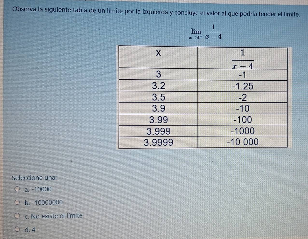 Observa la siguiente tabla de un límite por la izquierda y concluye el valor al que podría tender el limite,
limlimits _xto 4^+ 1/x-4 
Seleccione una:
a. -10000
b. -10000000
c. No existe el límite
d. 4