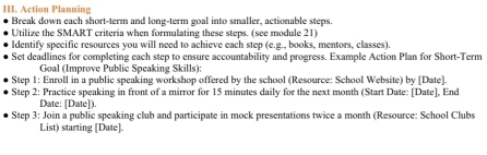 Action Planning 
Break down each short-term and long-term goal into smaller, actionable steps. 
Utilize the SMART criteria when formulating these steps. (see module 21) 
Identify specific resources you will need to achieve each step (e.g., books, mentors, classes). 
Set deadlines for completing each step to ensure accountability and progress. Example Action Plan for Short-Term 
Goal (Improve Public Speaking Skills): 
Step 1: Enroll in a public speaking workshop offered by the school (Resource: School Website) by [Date]. 
Step 2: Practice speaking in front of a mirror for 15 minutes daily for the next month (Start Date: [Date], End 
Date: [Date]). 
Step 3: Join a public speaking club and participate in mock presentations twice a month (Resource: School Clubs 
List) starting [Date]