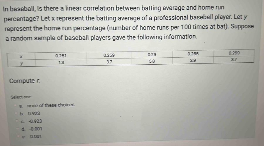 In baseball, is there a linear correlation between batting average and home run
percentage? Let x represent the batting average of a professional baseball player. Let y
represent the home run percentage (number of home runs per 100 times at bat). Suppose
a random sample of baseball players gave the following information.
Compute r.
Select one:
a. none of these choices
b. 0.923
c. -0.923
d. -0.001
e. 0.001