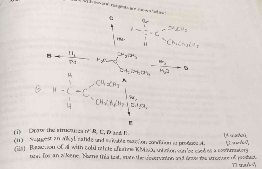 he with several reagents are shown below:
C. |HB_r
Barrow frac H_2Pd H_2C=C_CH_2CH_3^CH_2CH_2CH_3frac Br_2H_2O-D
H
E
(i) Draw the structures of B, C, D and E. 
[4 marks] 
(ii) Suggest an alkyl halide and suitable reaction condition to produce A. [2 marks] 
(iii) Reaction of A with cold dilute alkaline KMnO_4 solution can be used as a confirmatory 
test for an alkene. Name this test, state the observation and draw the structure of product. 
[3 marks]