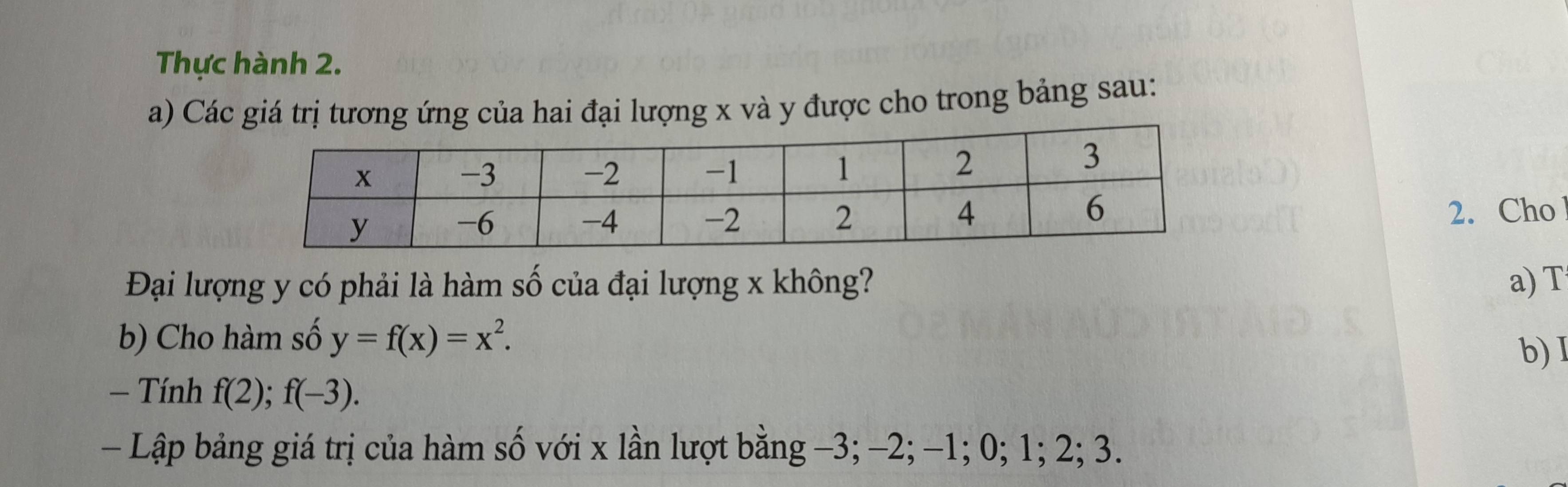 Thực hành 2. 
a) Các giá trị tương ứng của hai đại lượng x và y được cho trong bảng sau: 
2. Cho 
Đại lượng y có phải là hàm số của đại lượng x không? a) T 
b) Cho hàm số y=f(x)=x^2. 
b) I 
- Tính f(2); f(-3). 
- Lập bảng giá trị của hàm số với x lần lượt bằng −3; −2; −1; 0; 1; 2; 3.