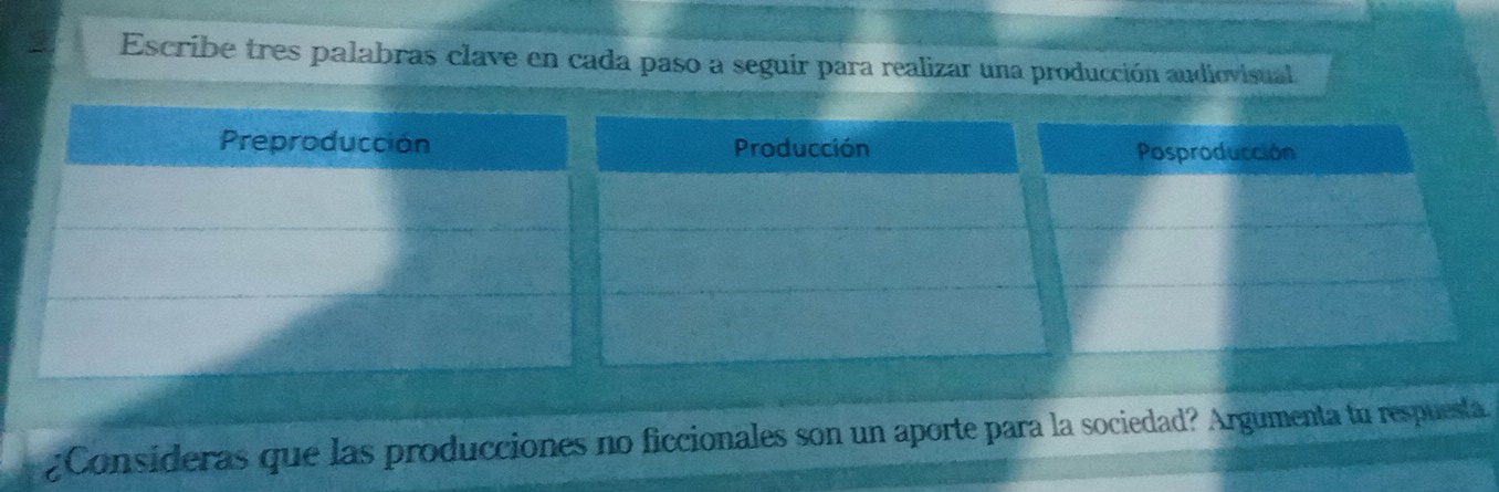 Escribe tres palabras clave en cada paso a seguir para realizar una producción audiovisual. 
Producción Posproducción 
¿Consideras que las producciones no ficcionales son un aporte para la sociedad? Argumenta tu respuesta.