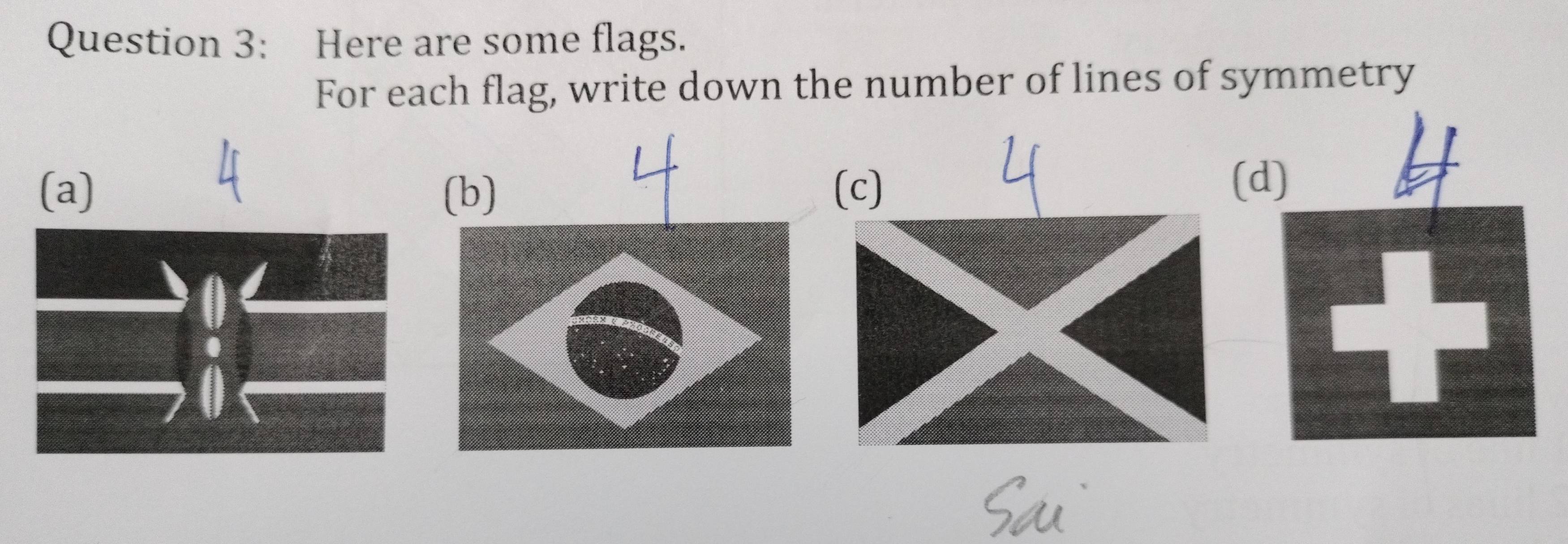 Here are some flags. 
For each flag, write down the number of lines of symmetry 
(a) (c) (d)