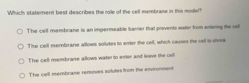 Which statement best describes the role of the cell membrane in this model?
The cell membrane is an impermeable barrier that prevents water from entering the cell
The cell membrane allows solutes to enter the cell, which causes the cell to shrink
The cell membrane allows water to enter and leave the cell
The cell membrane removes solutes from the environment