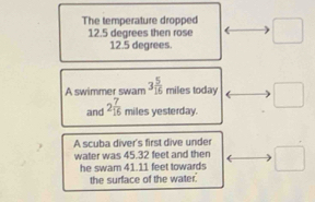 The temperature dropped □
12.5 degrees then rose
12.5 degrees.
A swimmer swam 3 5/16  miles today □ 
and 2 7/16  miles yesterday.
A scuba diver's first dive under
water was 45.32 feet and then □
he swam 41.11 feet towards
the surface of the water.'