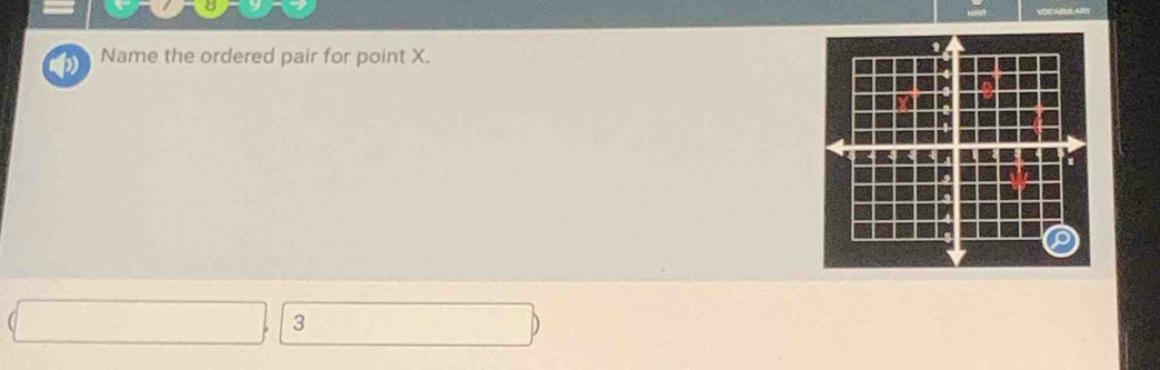 Name the ordered pair for point X.
(□ ,3)