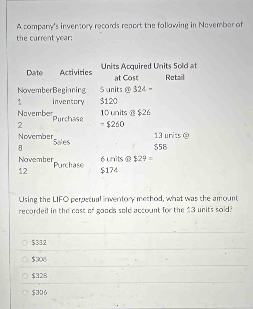 A company's inventory records report the following in November of
the current year :
Units Acquired Units Sold at
Date Activities
at Cost Retail
NovemberBeginning 5 units @ $24=
1 inventory $120
November 10 units @ $26
Purchase = $260
2
November 13 units @
Sales
8 $58
November 6 units @ $29=
Purchase
12 $174
Using the LIFO perpetual inventory method, what was the amount
recorded in the cost of goods sold account for the 13 units sold?
$332
$308
$328
$306