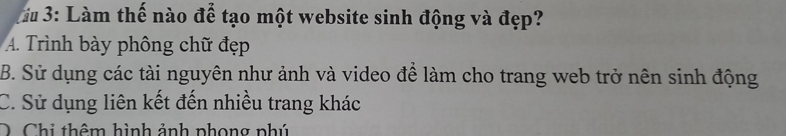 3: Làm thế nào để tạo một website sinh động và đẹp?
A. Trình bày phông chữ đẹp
B. Sử dụng các tài nguyên như ảnh và video để làm cho trang web trở nên sinh động
C. Sử dụng liên kết đến nhiều trang khác
) Chi thêm hình ảnh phong phú