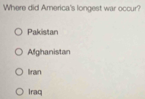 Where did America's longest war occur?
Pakistan
Afghanistan
Iran
Iraq