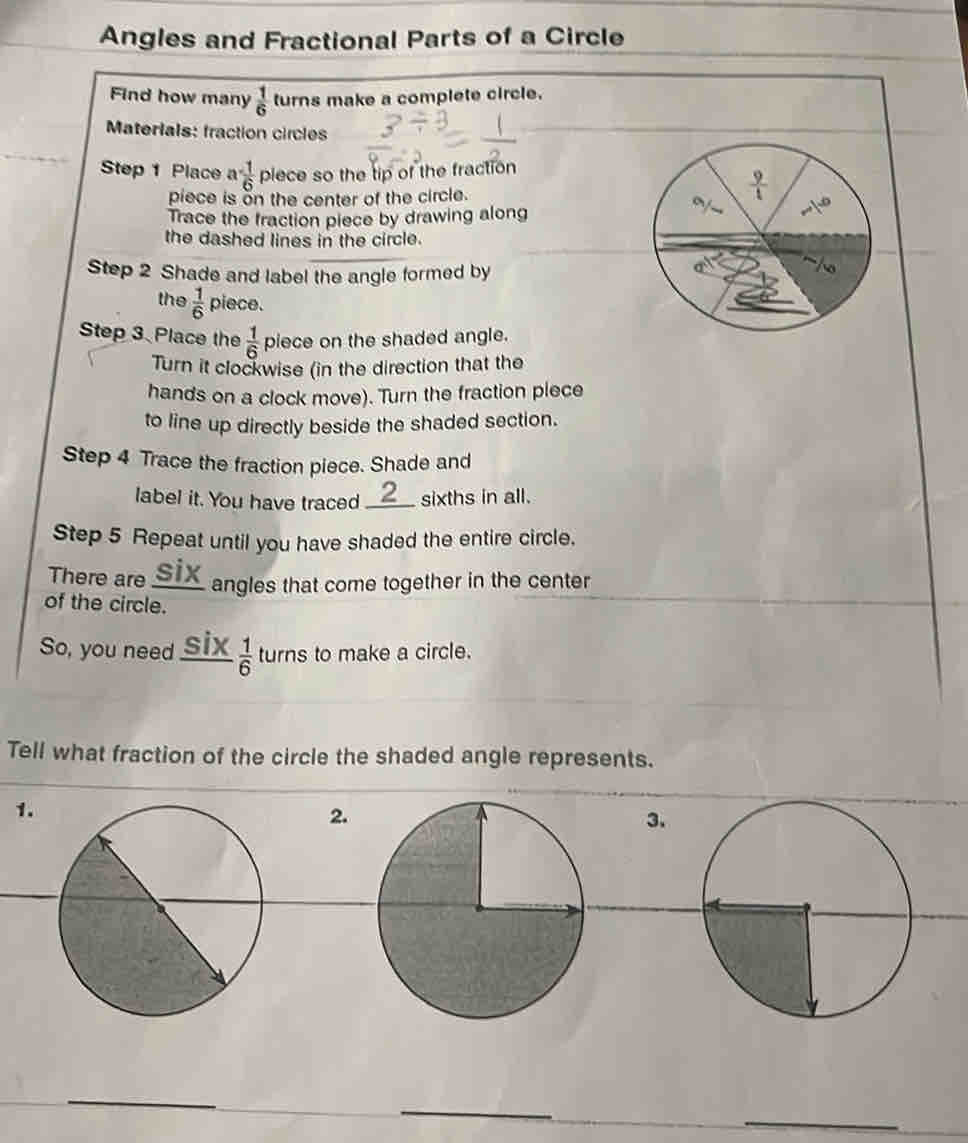 Solved: Angles and Fractional Parts of a Circle Find how many 1/6 turns ...