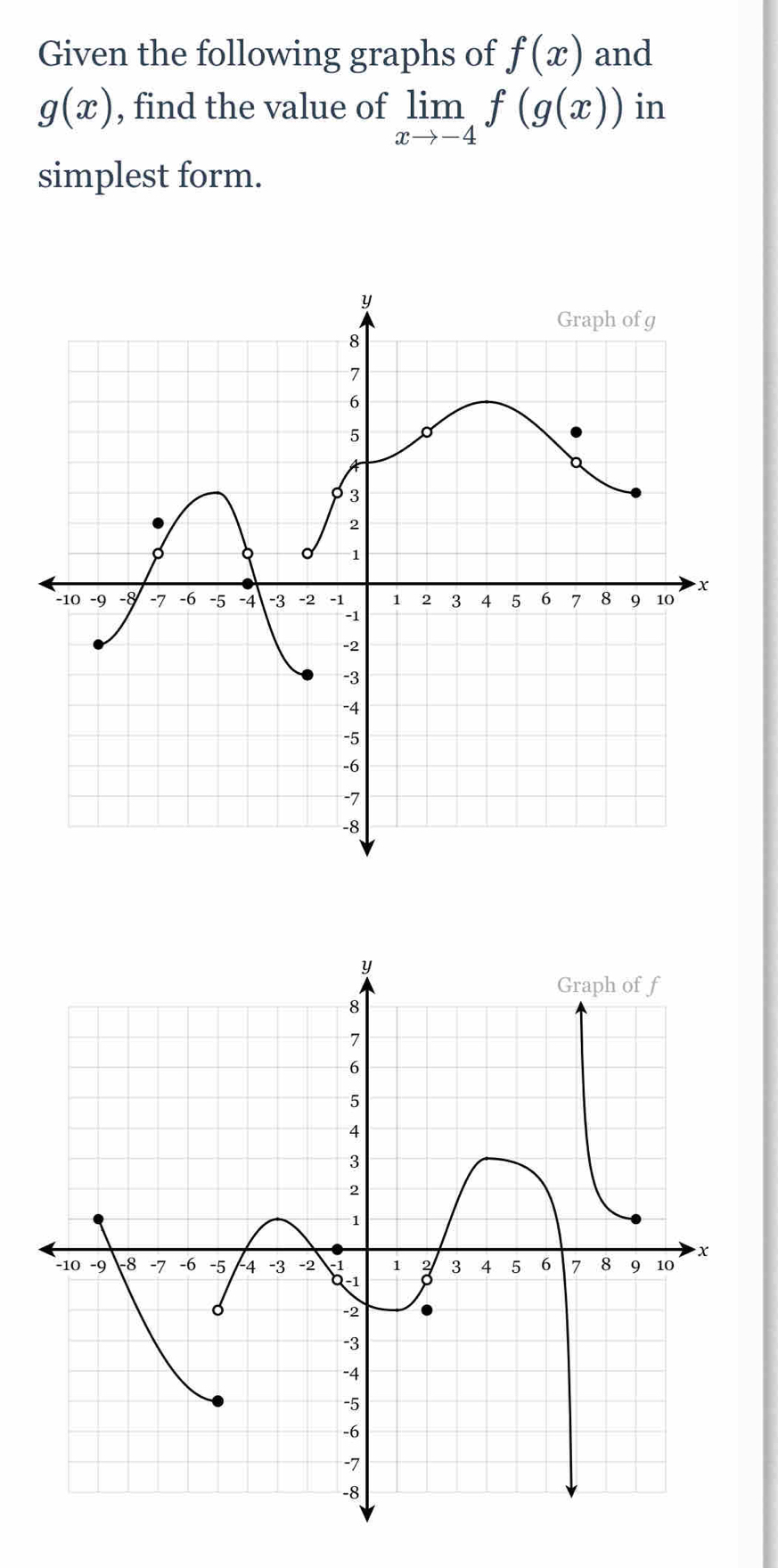 Given the following graphs of f(x) and
g(x) , find the value of limlimits _xto -4f(g(x)) in 
simplest form.