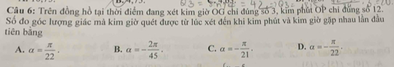 Cầu 6: Trên đồng hồ tại thời điểm đang xét kim giờ OG chỉ đúng số 3, kim phút OP chỉ đứng số 12.
Số đo góc lượng giác mả kim giờ quét được từ lúc xét đến khi kim phút và kim giờ gặp nhau lần đầu
tiên bằng
A. alpha = π /22 . B. alpha =- 2π /45 . C. alpha =- π /21 . D. alpha =- π /22 .