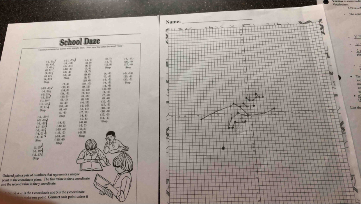 Vocabulary
Ceosdin
School Daze
y
Cononct consecutive points with straight lines. Stan new line after the word ''Stop
(-11, -?) (-1, 0) (0,7) (20, -5)
(0,4√ (-5, -13) (-1, 7 (-5, -11)
(-1.5)、 (-2, 8)
 (-10, -6) (-5, -11) (17, -4) Stop
(2,6)√
 Stop
(4, 5)√ Stop (10,6) (9,7) (0, -2) (4, -2) (-5, -13)
(3,5)√ (9,6) (20, -6)
To
(-5, -5)
Stop (7,4)
(-4, -5) Step (20, -5)
(-13, -2)√ (14,0) (7, 12) (-5, -6) (-4, -6)
13,2)
(-6, 2)~ (14, -1)
(1, -9)
(7, -6)
a ( 10, 0) (9, -6)
(-1, 0)~ (-4, 13) (10, -5)
(-1,-1)- (4, -2) (5, -1) (0,15)
(7,1)、 (10, -4) (-5. 10 (16, -4) (17, -5)List th
(6, -4)
Stop (-6, 11)
(1, -6) (-7, 11) (16.-3)
(-3,−3) (-7, 6) (-8, 8) (17, -3)
(-2, -3)- Stop (14,-1)
(-6, -5) (-8, 6) (-6, 6) Stop
(-7,-5)、 (-10, 5) (-5, 7)
(-6, -2) (-15, -4) 
(-15, -7) 
(-4, 0) (-13, -8) 
(-1, -1) (-10, -6)
Stop Stop
(1, 2)
(-1, 2)
(-2, 3)
Stop
Ordered pair: a pair of numbers that represents a u
point in the coordinate plane. The first value is the 
and the second value is the y coordinate.
- 1.5) → -1 is the x coordinate and 5 is the y co
make one point. Connect each poi