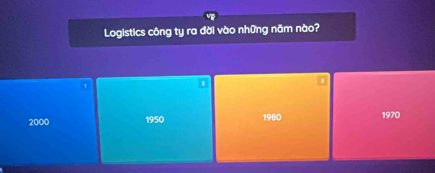 Logistics công ty ra đời vào những năm nào?
1
2
3
2000 1950 1980 1970