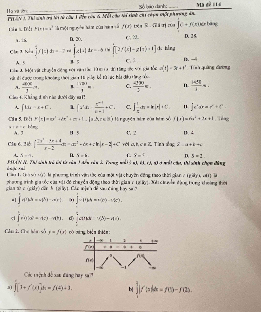 Số báo danh: _Mã đề 114
Họ và tên:
_
PHẢN I. Thí sinh trả lời từ câu 1 đến câu 6. Mỗi câu thí sinh chỉ chọn một phương án.
Câu 1. Biết F(x)=x^3 là một nguyên hàm của hàm số f(x) trên R  Giá trị của ∈tlimits^3(1+f(x))dx bằng
A. 26. B. 20. C. 22. D. 28.
Câu 2. Nếu ∈tlimits _4^(4f(x)dx=-2 và ∈tlimits _0^4g(x)dx=-6 thì ∈tlimits [2f(x)-g(x)+1] dr bằng
A. 5 B. 3 C. 2 D. -4
Câu 3. Một vật chuyển động với vận tốc 10m/ s thì tăng tốc với gia tốc a(t)=3t+t^2). Tính quăng đường
vật đi được trong khoảng thời gian 10 giây kể từ lúc bắt đầu tăng tốc.
A.  4000/3 m.  1700/3 m.  4300/3 m.  1450/3 m.
B.
C.
D.
Câu 4. Khẳng định nào dưới đây sai?
A. ∈t 1dx=x+C. B. ∈t x^ndx= (x^(n+1))/n+1 +C. C. ∈t  1/x dx=ln |x|+C. D. ∈t e^xdx=e^x+C.
Câu 5. Biết F(x)=ax^3+bx^2+cx+1,(a,b,c∈ R) là nguyên hàm của hàm số f(x)=6x^2+2x+1. Tổng
a+b+c bǎng
A. 3 B. 5 C. 2 D. 4
Câu 6. Biết ∈t  (2x^2-5x+4)/x-2 dx=ax^2+bx+cln |x-2|+C với a,b,c∈ Z Tính tổng S=a+b+c
A. S=4. B. S=6. C. S=5. D. S=2.
PHẢN II. Thí sinh trả lời từ câu 1 đến câu 2. Trong mỗi ý a), b), c), d) ở mỗi câu, thí sinh chọn đúng
hoặc sai.
Câu 1. Giả sử v(t) là phương trình vận tốc của một vật chuyển động theo thời gian 1 (giây), a(t) là
phương trình gia tốc của vật đó chuyển động theo thời gian 1 (giây). Xét chuyển động trong khoảng thời
gian từ c (giây) đến b (giây). Các mệnh đề sau đúng hay sai?
a) ∈t v(t)dt=a(b)-a(c). b) ∈t v(t)dt=v(b)-v(c).
c) ∈t v'(t)dt=v(c)-v(b). d) ∈t a(t)dt=v(b)-v(c).
Câu 2. Cho hàm số y=f(x) có bảng biến thiên:
Các mệnh đề sau đúng hay sai?
a) ∈tlimits [3+f'(x)]dx=f(4)+3. ∈tlimits _1^2|f'(x)|dx=f(1)-f(2).
b)