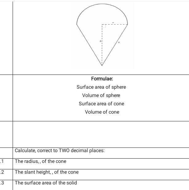 Formulae: 
Surface area of sphere 
Volume of sphere 
Surface area of cone 
Volume of cone 
Calculate, correct to TWO decimal places: 
.1 The radius, , of the cone 
.2 The slant height, , of the cone 
.3 The surface area of the solid