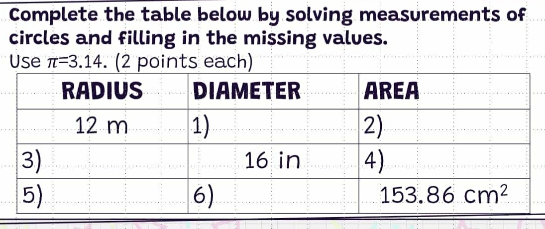 Solved: Complete the table below by solving measurements of circles and ...