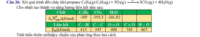 Xét quá trình đốt cháy khí propane C_3H_8(g):C_3H_8(g)+5O_2(g)to 3CO_2(g)+4H_2O(g)
Cho nhiệt tạo thànhà năng lượng liên kết như sau:
Tính biến thiên enthalpy chuẩn của phản ứng theo hai cách.