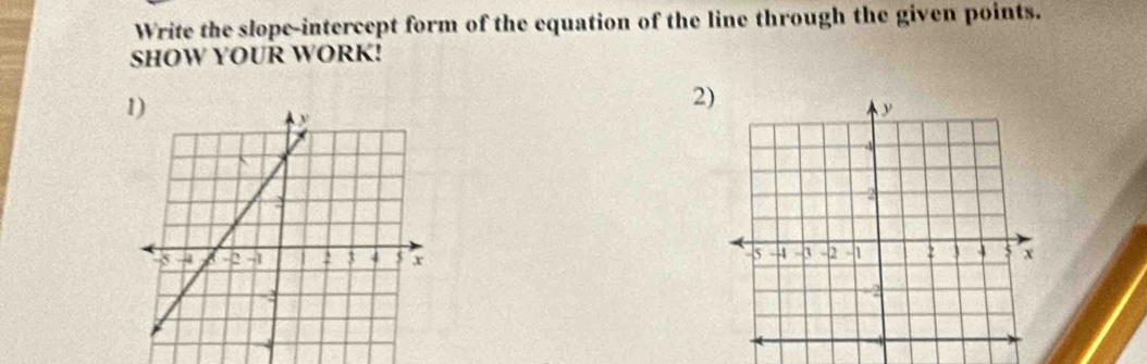 Write the slope-intercept form of the equation of the line through the given points. 
SHOW YOUR WORK! 
2