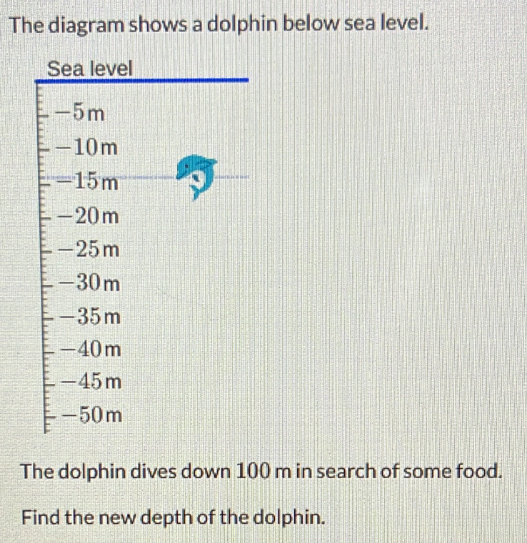 The diagram shows a dolphin below sea level. 
The dolphin dives down 100 m in search of some food. 
Find the new depth of the dolphin.