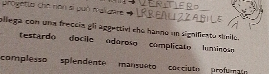 progetto che non si può realizzare_ 
_ 
ollega con una freccia gli aggettivi che hanno un significato simile. 
testardo docile odoroso complicato luminoso 
complesso splendente mansueto cocciuto profumato